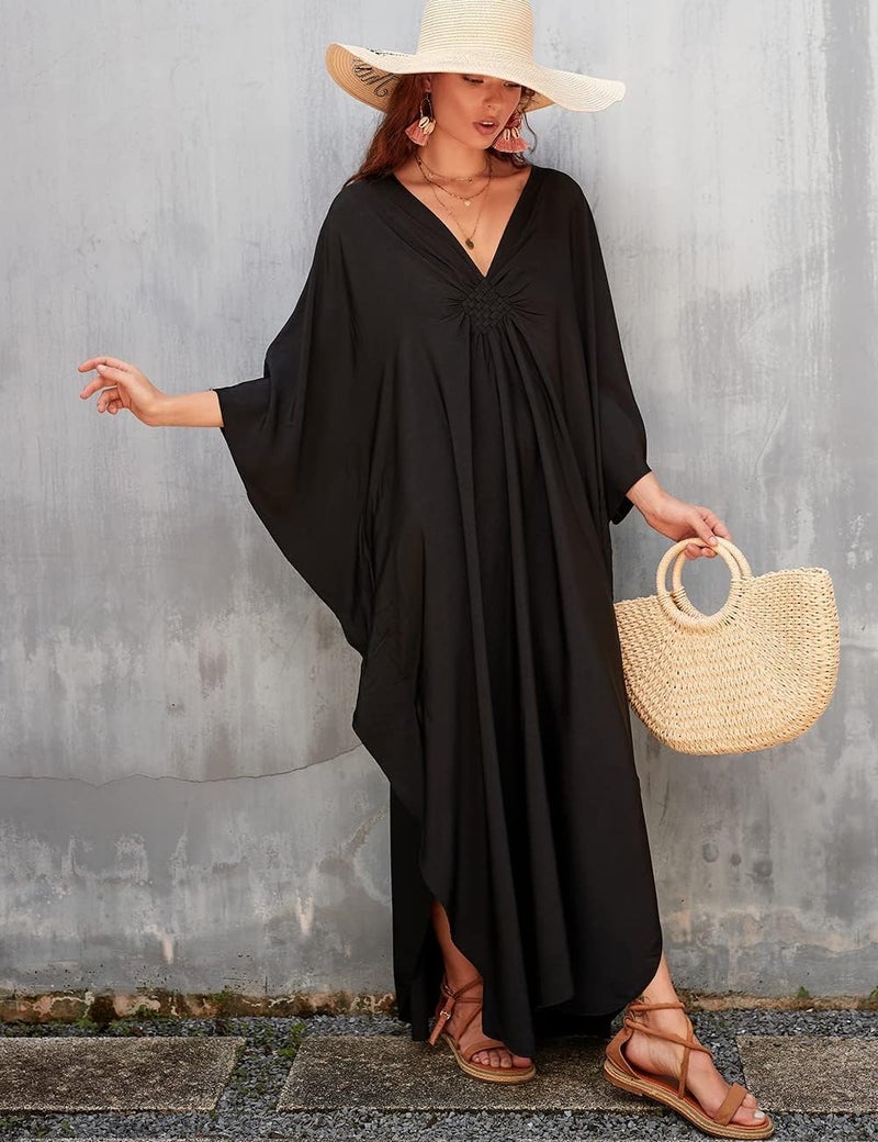 Bsubseach Women Solid Color Cover Up V Neck Batwing Sleeve Plus Size Beach Kaftan Dresses - Image 4